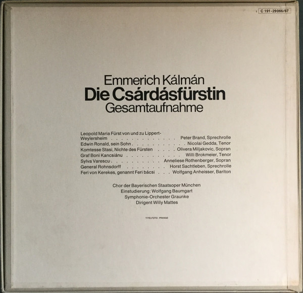 Emmerich Kalman Anneliese Rothenberger Nicolai Gedda Olivera Miljakovic Willi Brokmeier Wolfgang Anheisser Willy Mattes Chor Der Bayerischen Staatsoper Symphonie Orchester Graunke Die Csardasfurstin Lp Greencookie